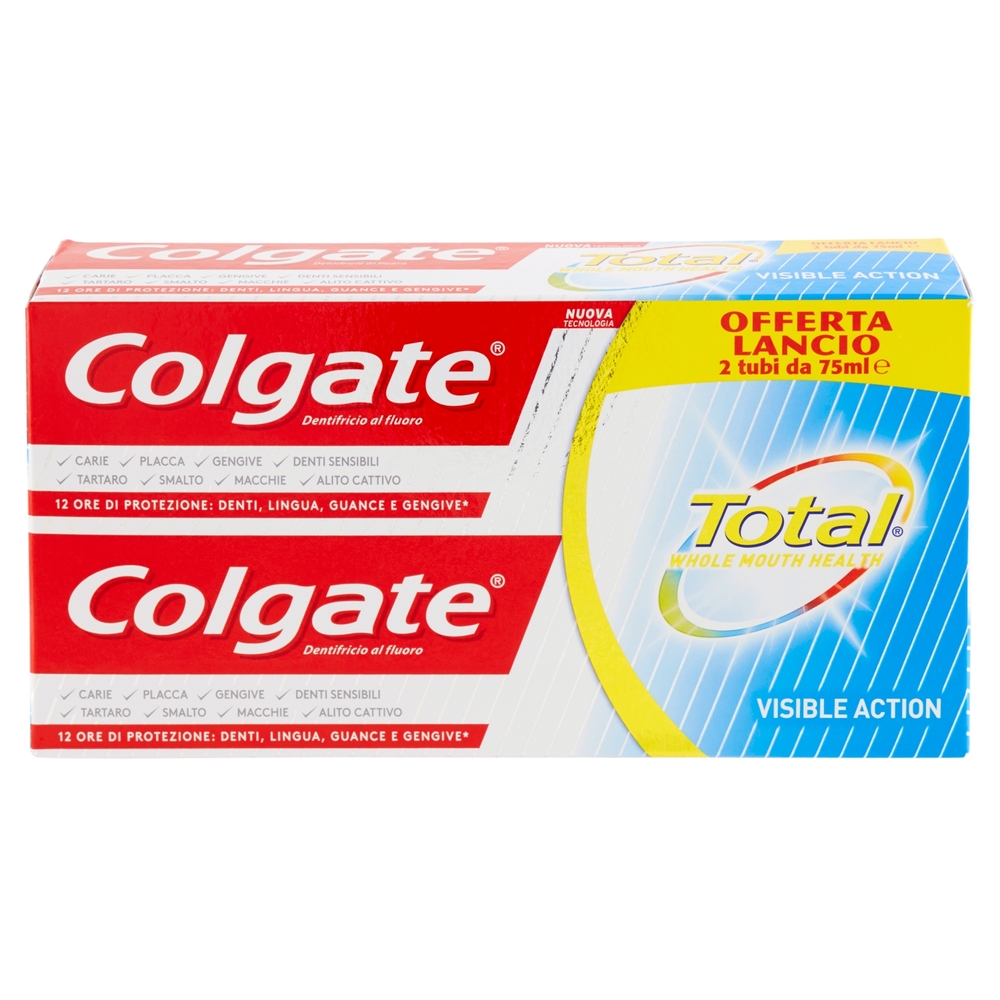 Colgate dentifricio Total Visible Action, protegge da batteri lingua, guance e gengive bitubo 2x75ml